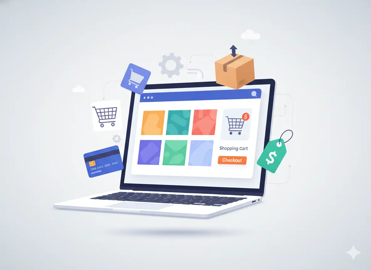 Laptop displaying ecommerce store interface with shopping cart, checkout, payment and shipping icons.