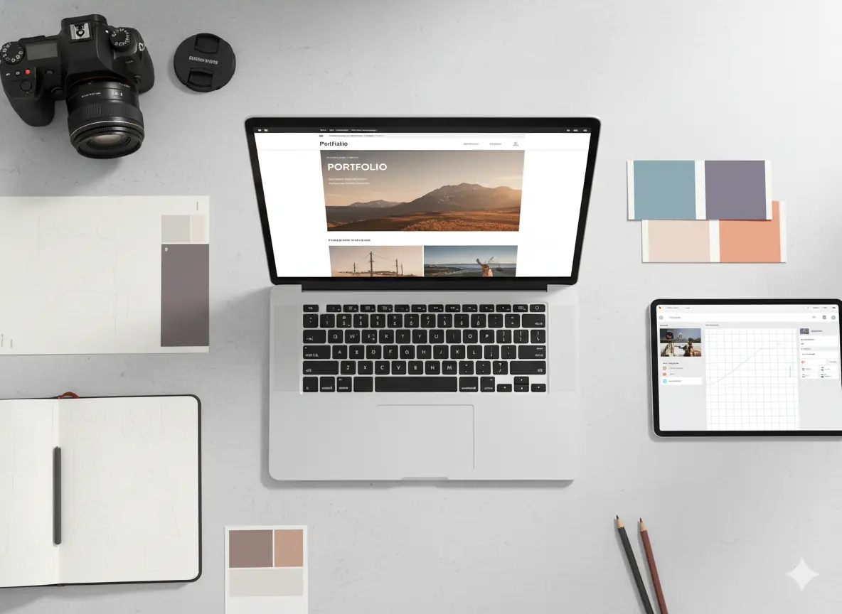 Laptop displaying a photography portfolio website surrounded by camera gear, tablet and design tools for creative professionals.