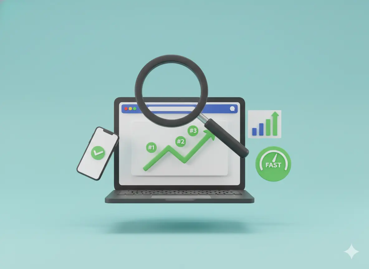 Laptop with magnifying glass over rising rankings, speed and growth icons representing SEO-friendly website performance.