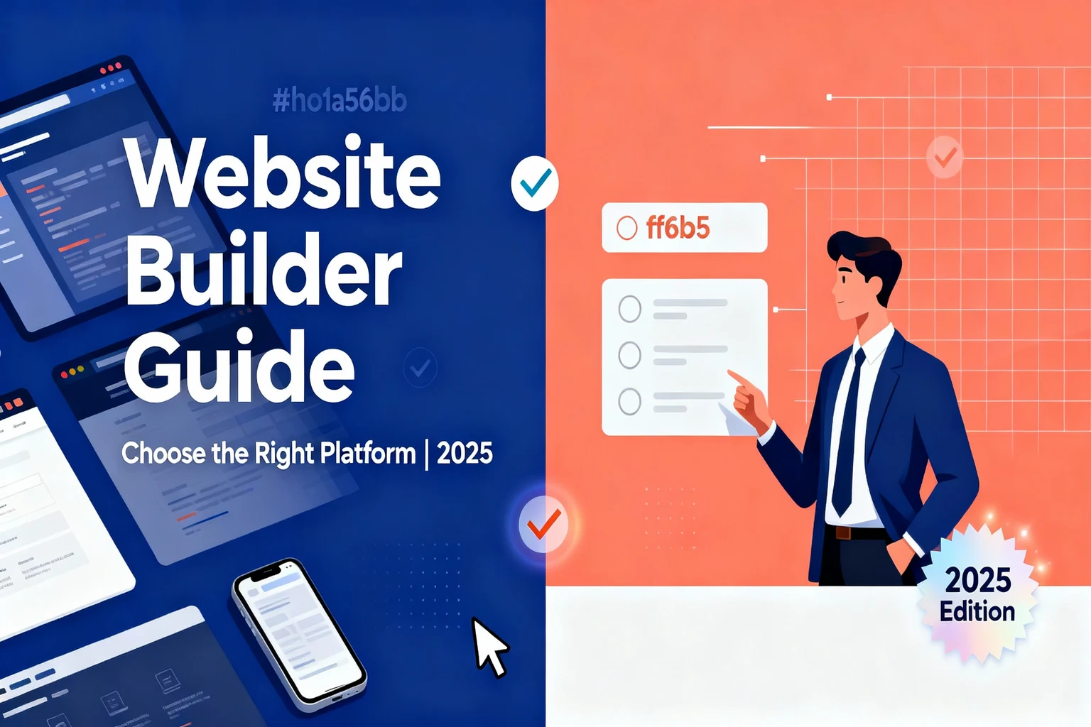 Website builder guide illustration showing digital interface screens and a professional reviewing options for choosing the right platform in 2025.