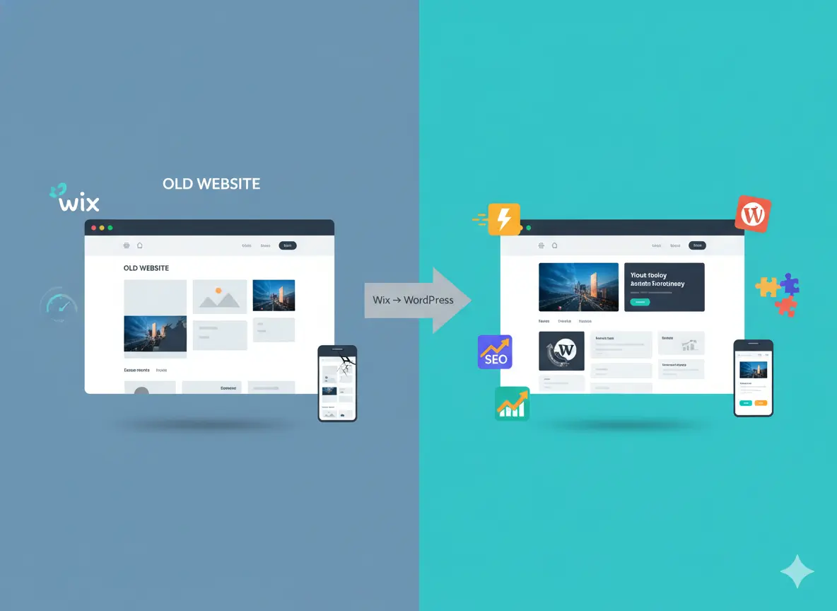 Website migration from Wix to WordPress showing improved design, SEO features, and lead growth.
