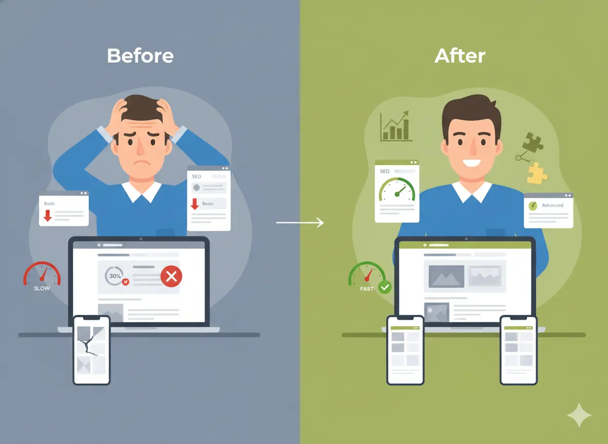 Before and after comparison showing faster website performance and improved page speed after optimization.
