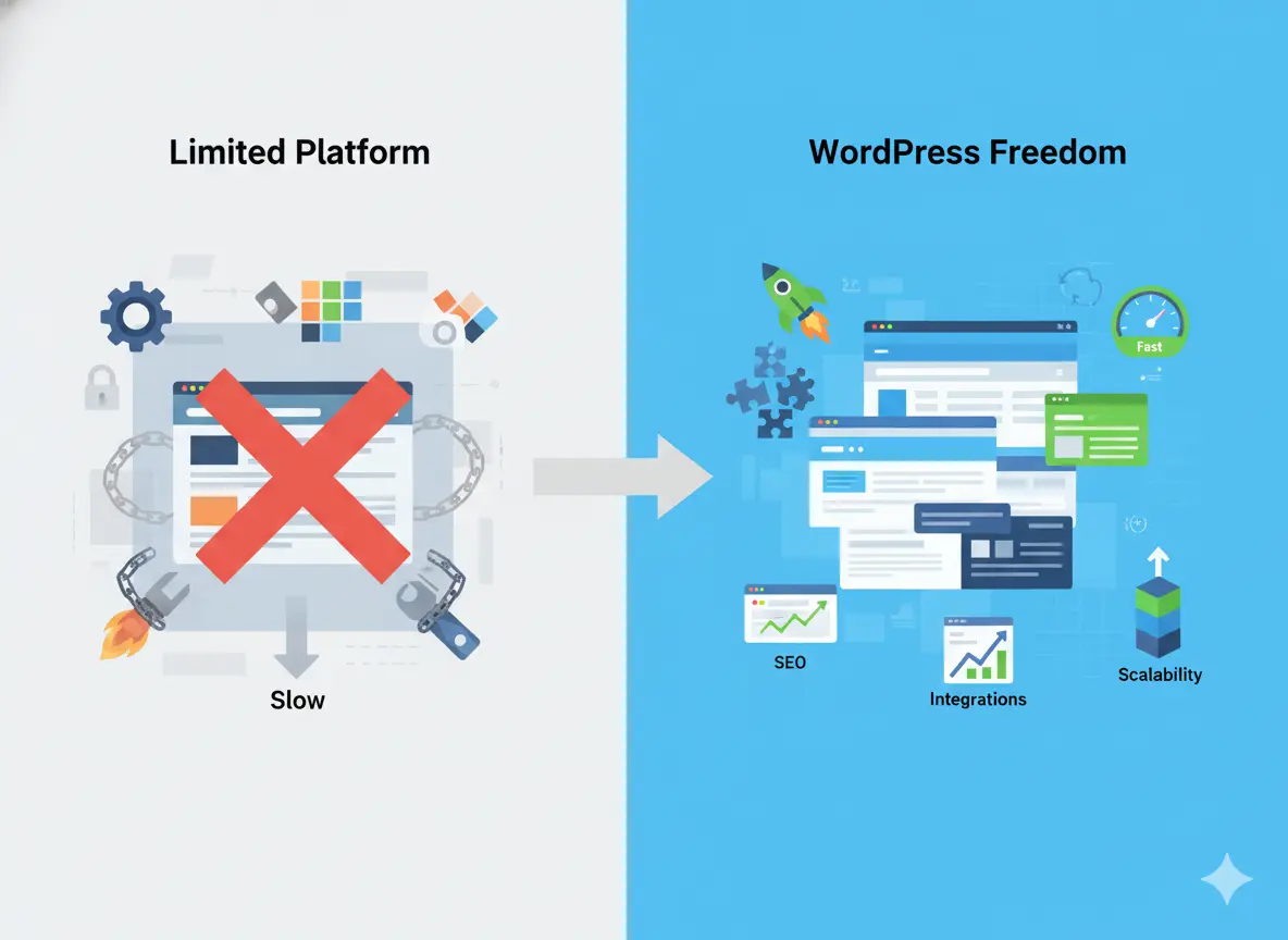 Comparison of limited website platform versus WordPress showing faster speed, SEO, integrations, and scalability.