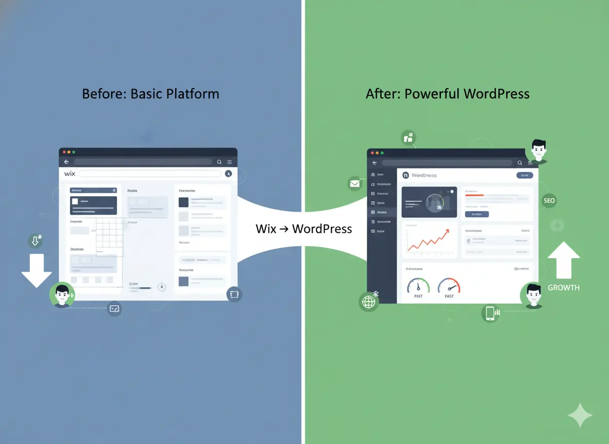 Before and after website migration from Wix to WordPress showing improved SEO, performance, and growth.