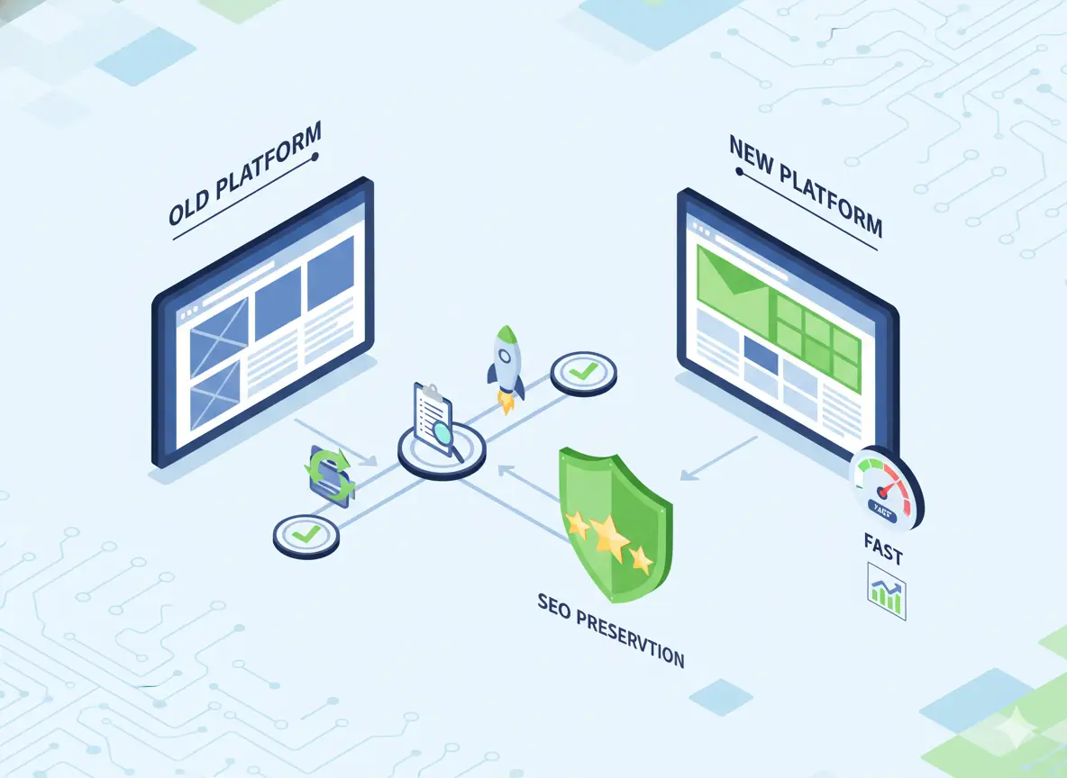 Website migration from old platform to new platform showing SEO preservation, faster performance, and scalability.