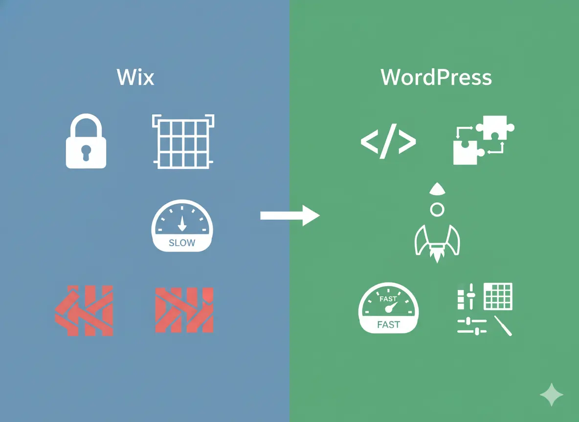 Wix to WordPress migration strategy showing minimal downtime, faster performance, and greater flexibility.