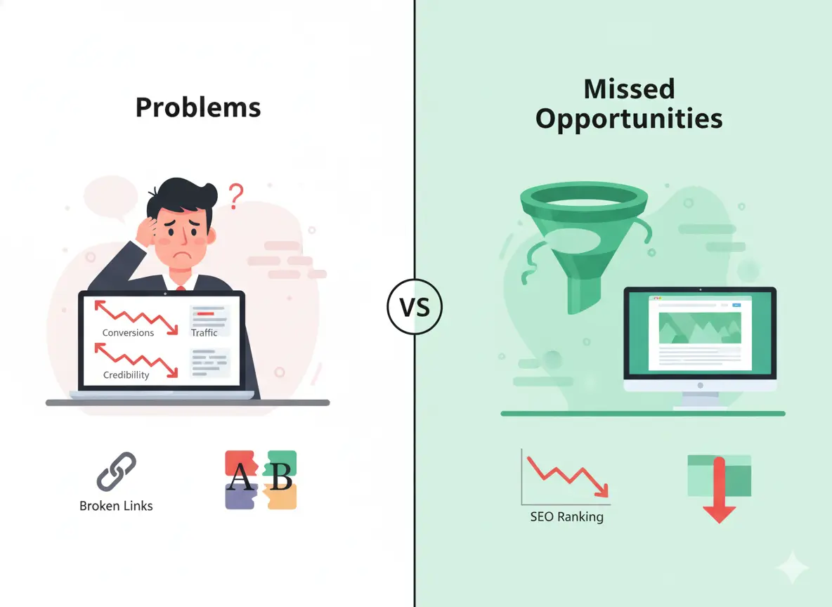 Website problems vs missed SEO opportunities showing broken links, declining traffic, and lost conversions.