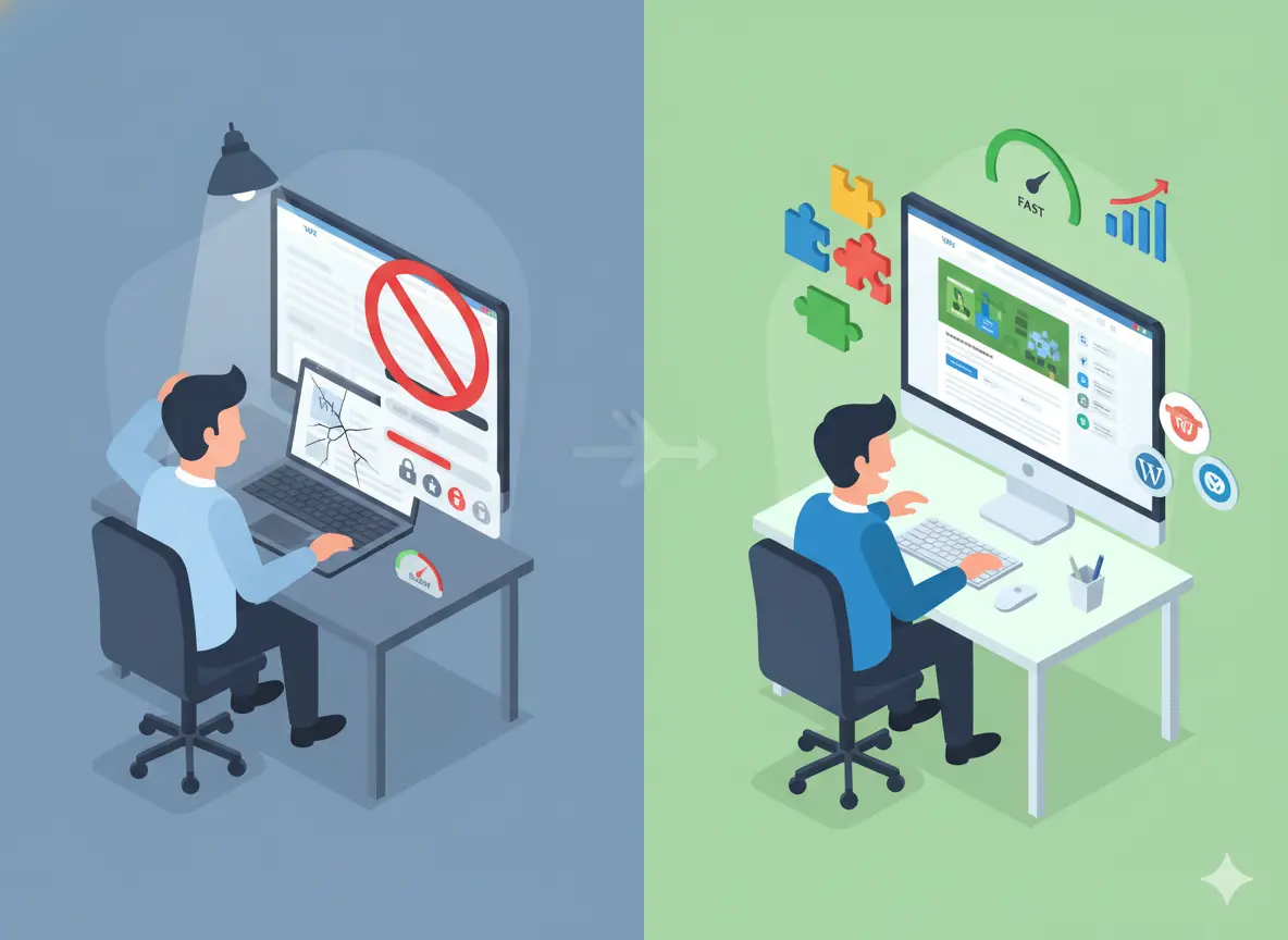 Before and after comparison showing small business growth after moving from a limited website to WordPress.