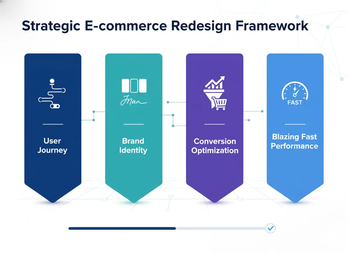 Strategic eCommerce redesign framework showing user journey, brand identity, conversion optimization, and fast performance.