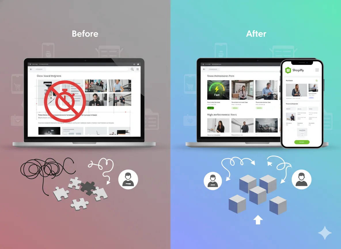 Before and after Shopify redesign showing faster performance, scalable structure, and improved user experience.