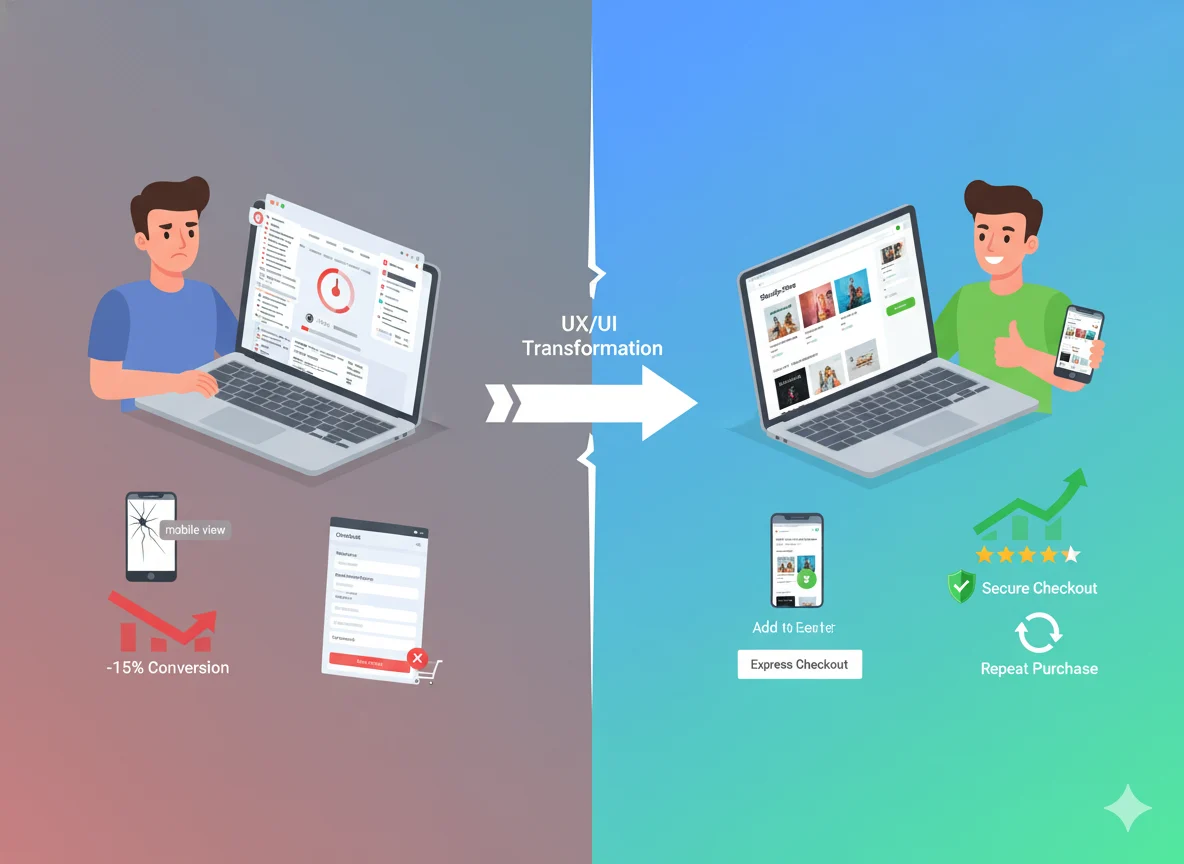 UX/UI transformation showing improved eCommerce experience, higher conversions, and secure checkout after redesign.