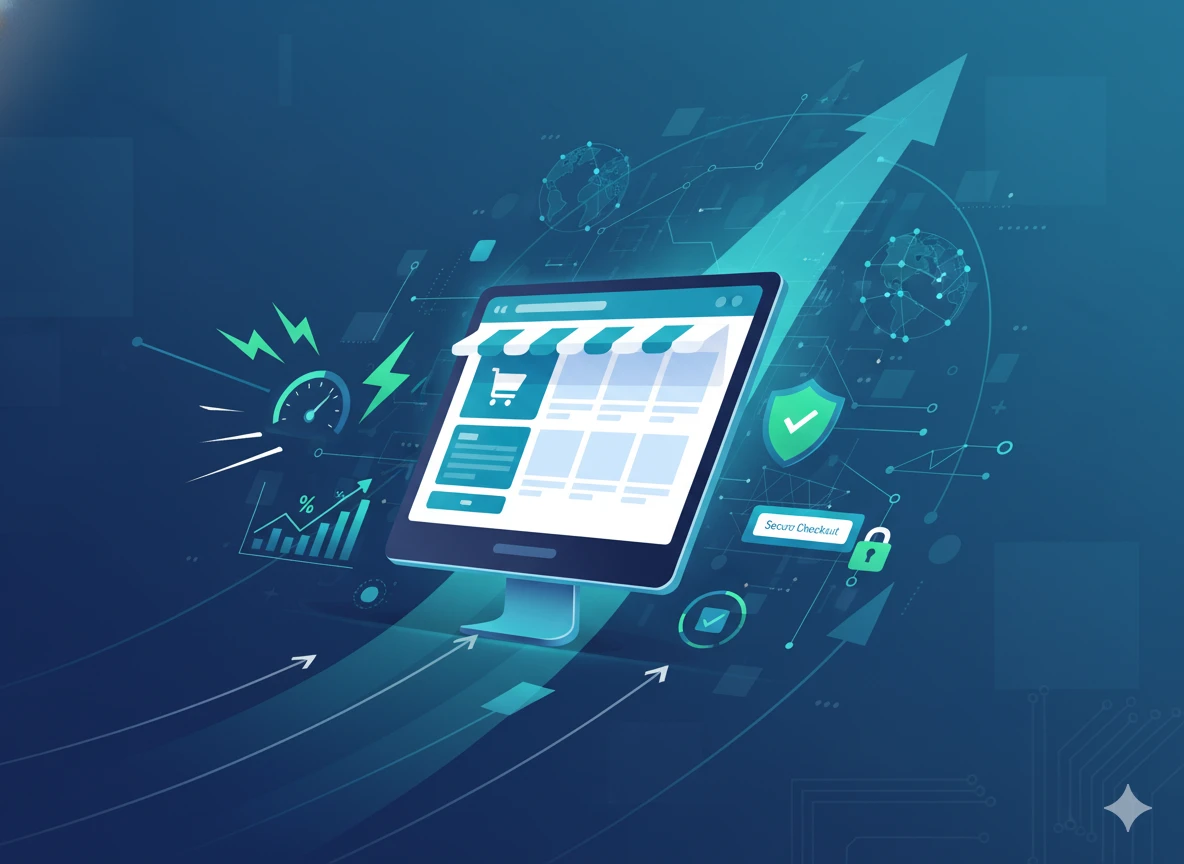 eCommerce growth strategy illustration showing fast performance, secure checkout, scalability, and increasing sales.