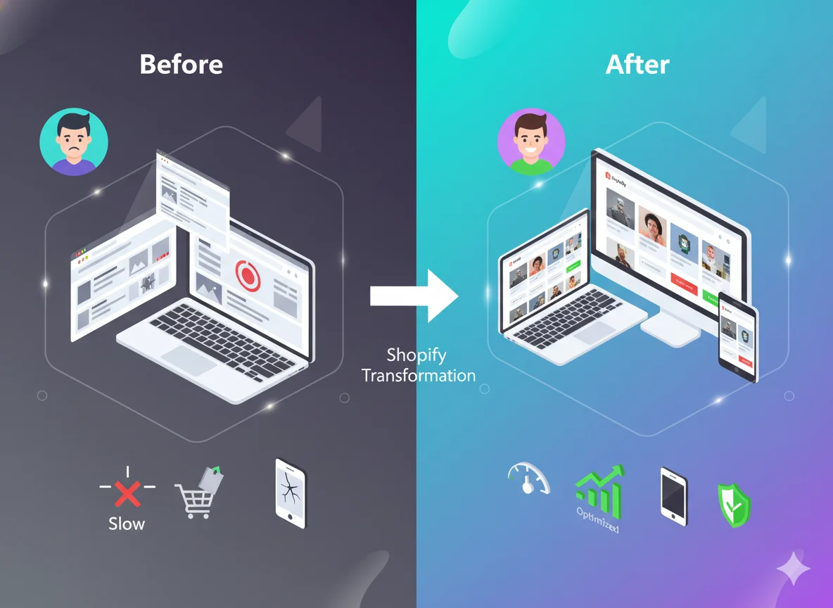 Before and after Shopify transformation showing faster performance, optimized UX, mobile readiness, and business growth.