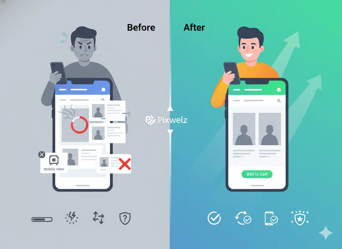 Before and after mobile shopping experience showing improved UX, faster performance, and higher conversions.