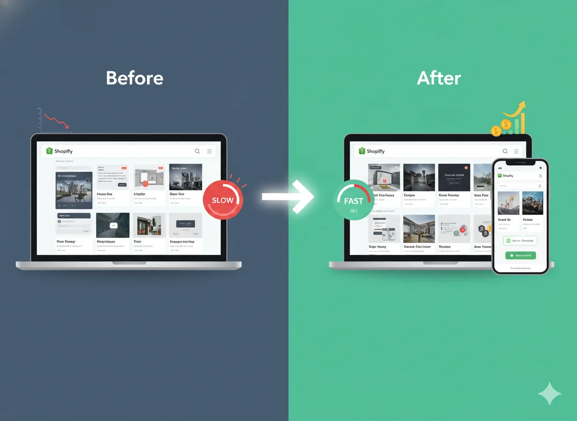 Before and after Shopify store showing improved page speed, mobile experience, and eCommerce growth.