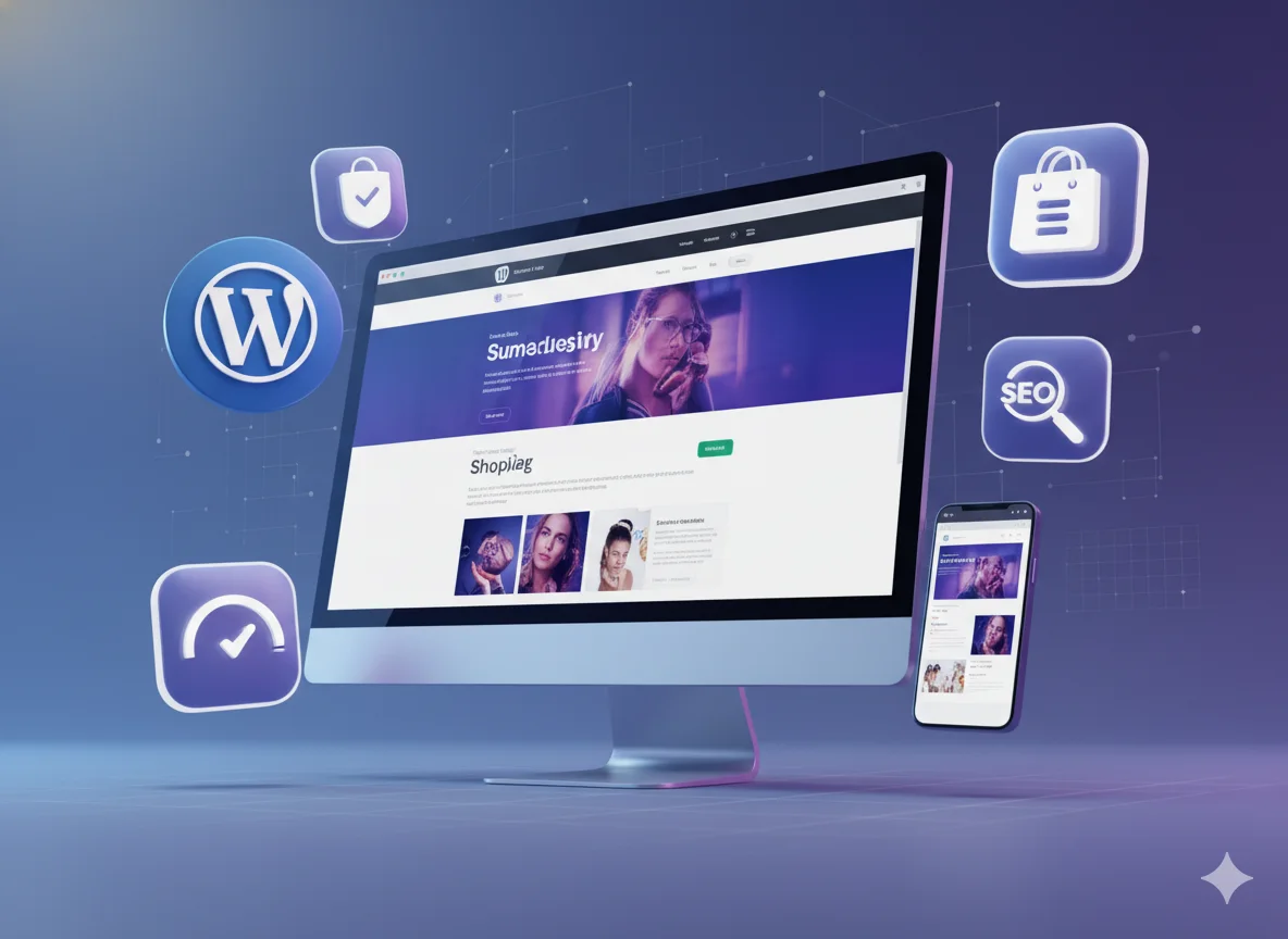 WordPress website builder interface showing responsive design, SEO tools, security features, and eCommerce readiness.