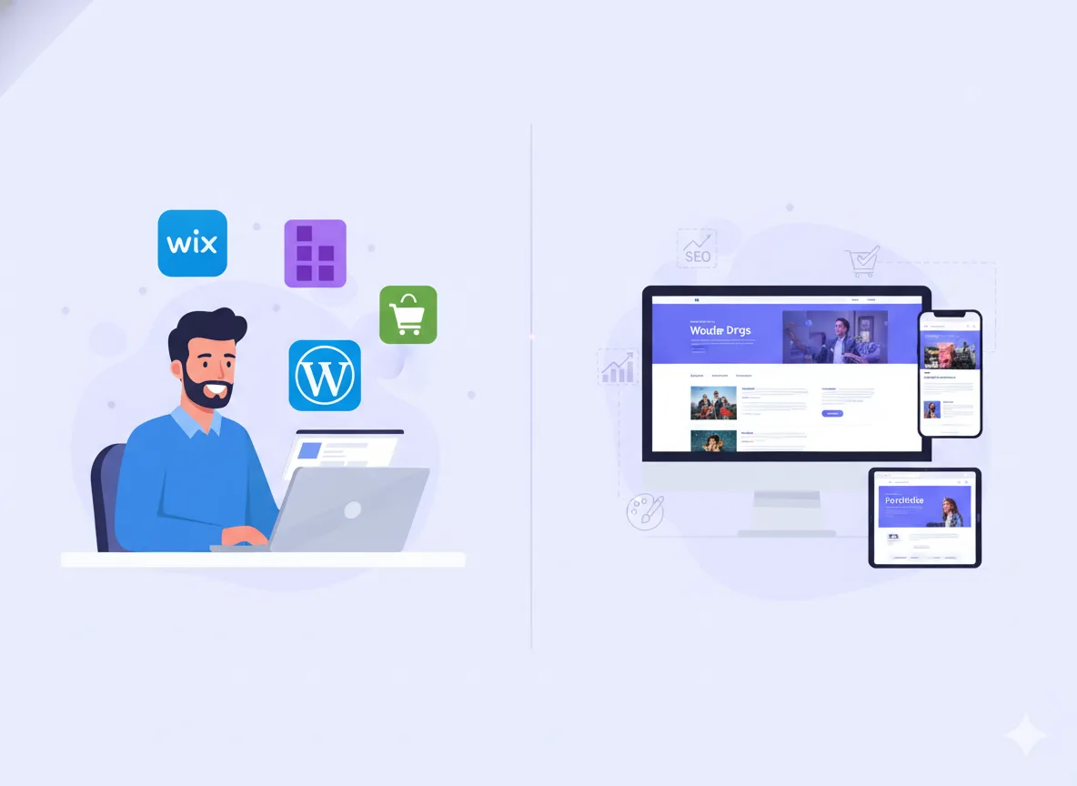 Business owner choosing website builders like Wix and WordPress to create a responsive, scalable business website.