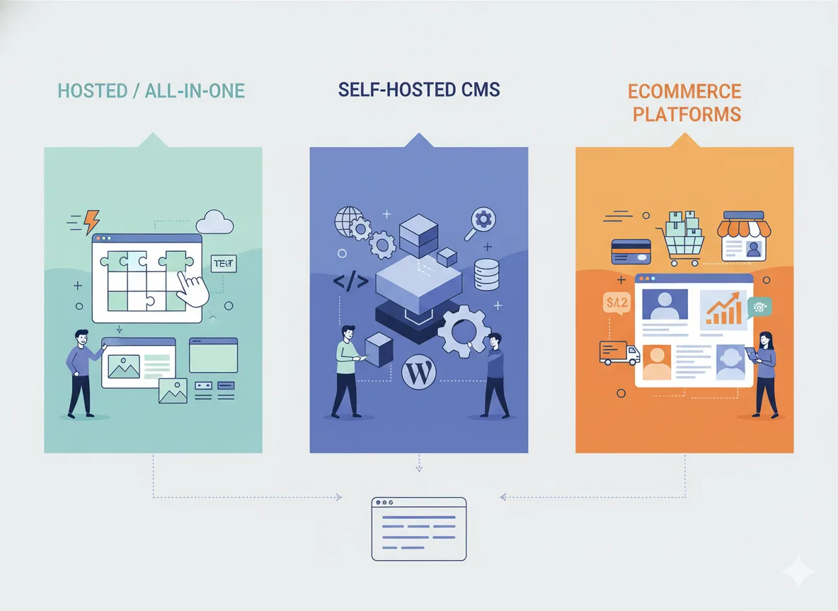 Types of website builders comparing hosted all-in-one platforms, self-hosted CMS, and eCommerce platforms.