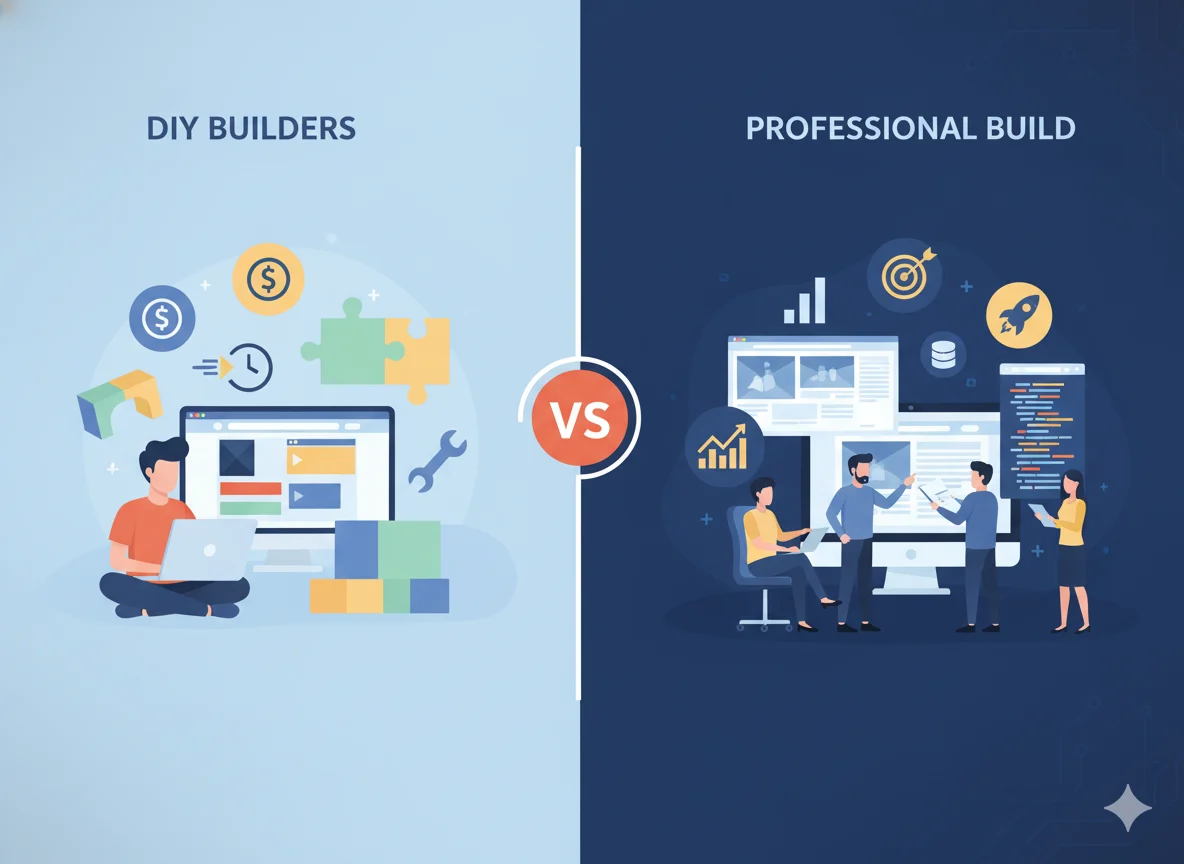 Comparison of DIY website builders versus professional web development showing cost, time, scalability, and growth.