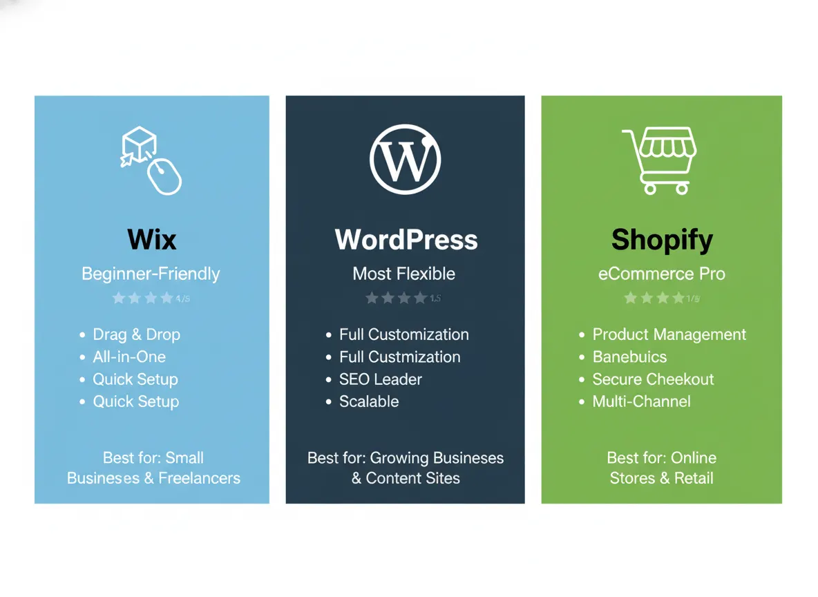 Website builder comparison of Wix, WordPress, and Shopify highlighting ease of use, flexibility, and eCommerce features.