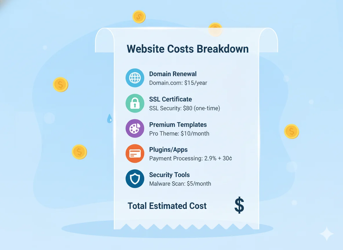 Website cost breakdown showing domain renewal, SSL certificate, premium templates, plugins, and security tools.