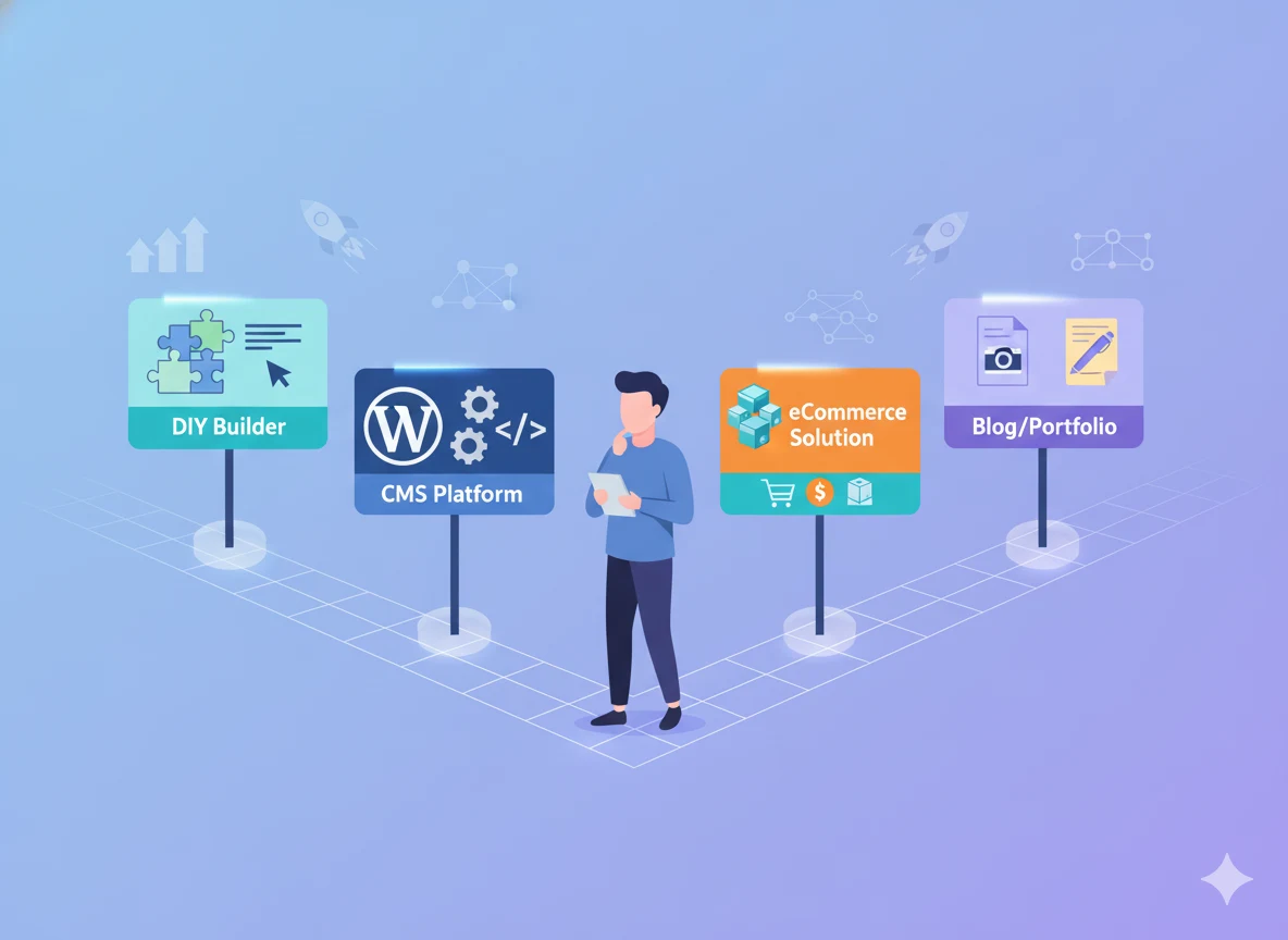 Choosing the right website builder with options for DIY builders, WordPress CMS, eCommerce solutions, and blogs.