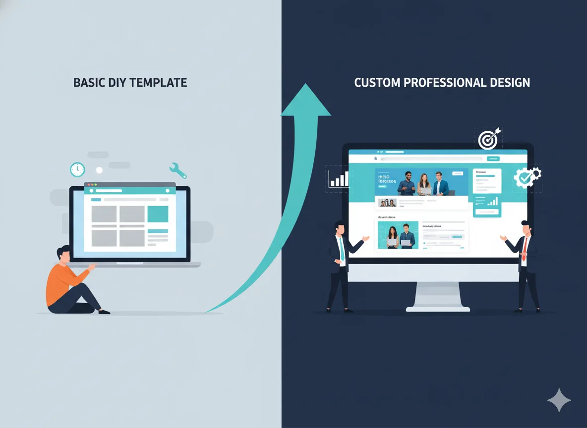 DIY website template compared with custom professional web design showing improved branding, performance, and growth.