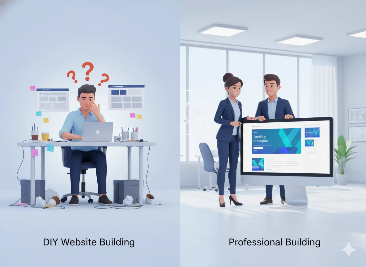 DIY website building versus professional website development showing confusion versus expert-led results.