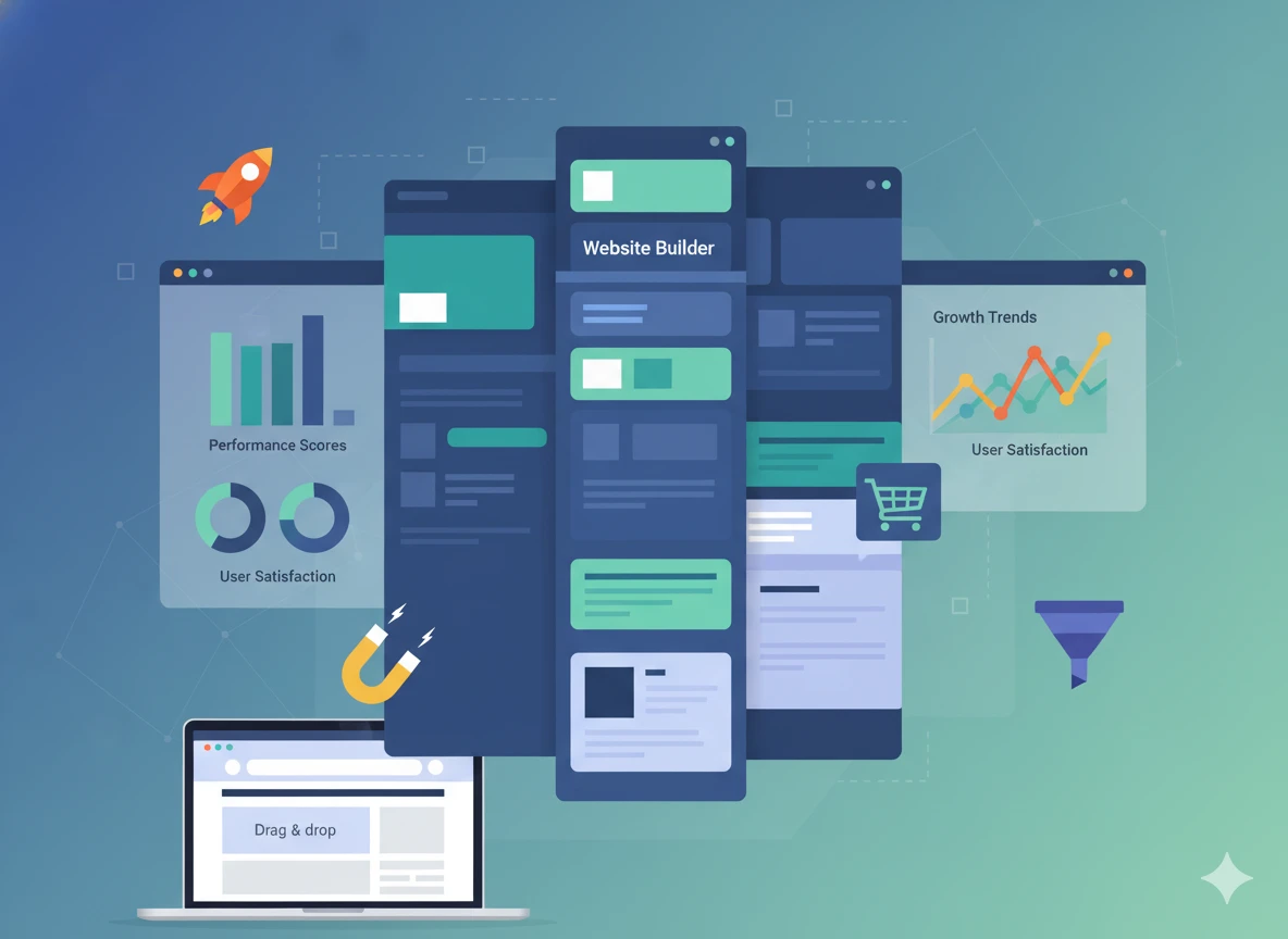 Website builder dashboard showing drag-and-drop layouts, performance metrics, user satisfaction, and growth trends.