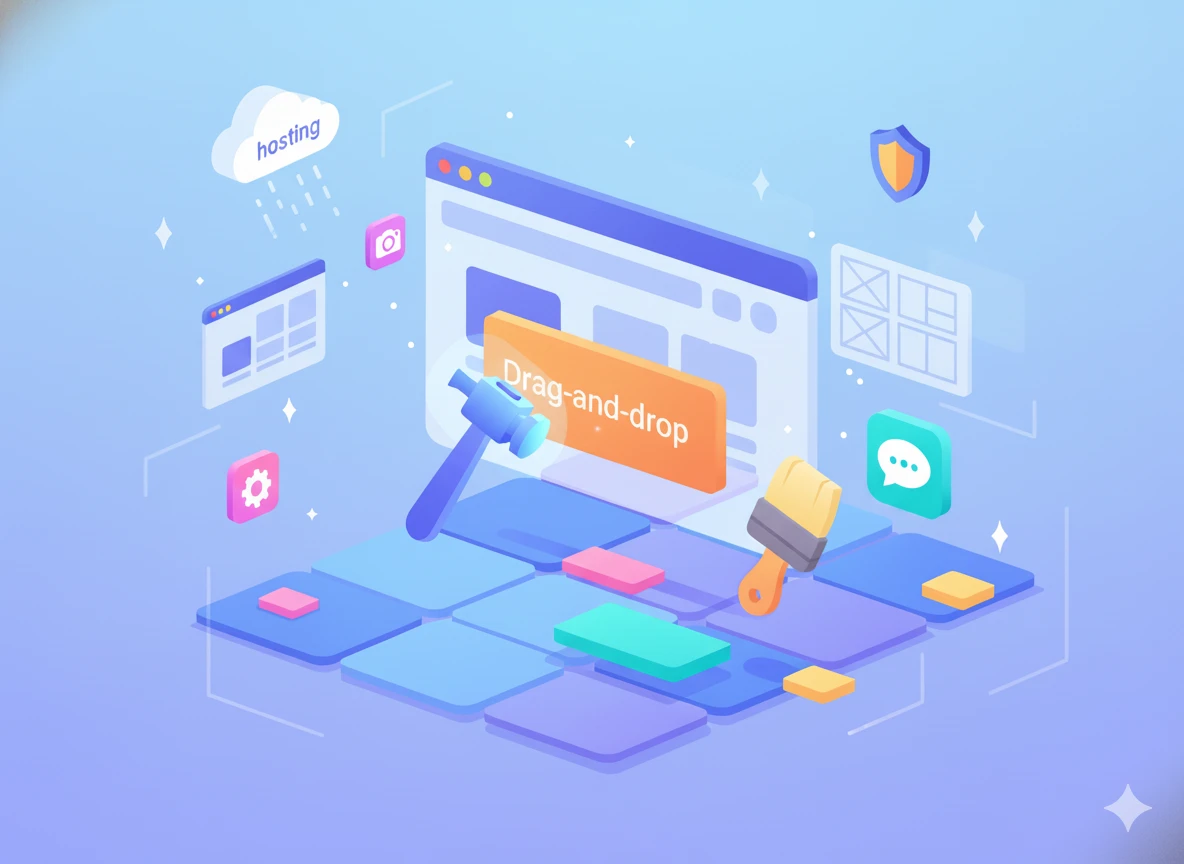 Drag-and-drop website builder interface with hosting, security, and design tools for easy website creation