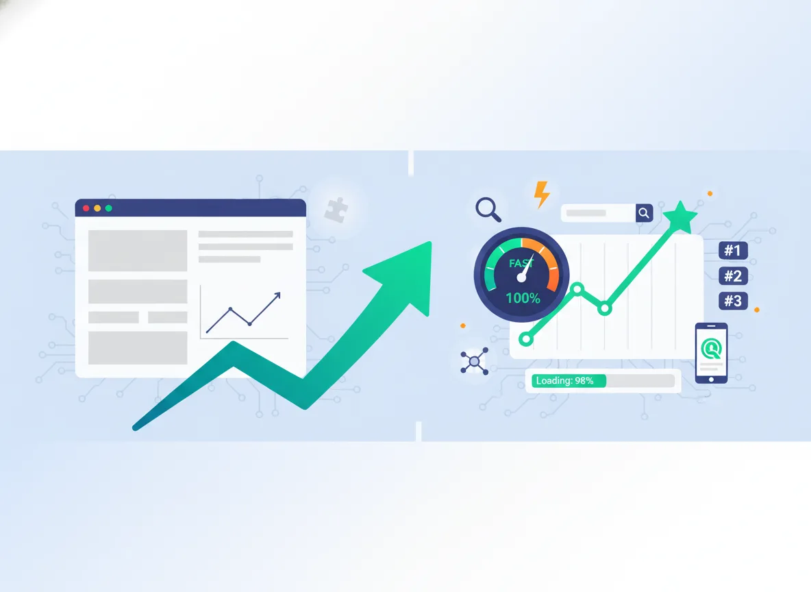 Website performance and growth illustration showing faster load speed, improved SEO rankings, and rising traffic metrics.