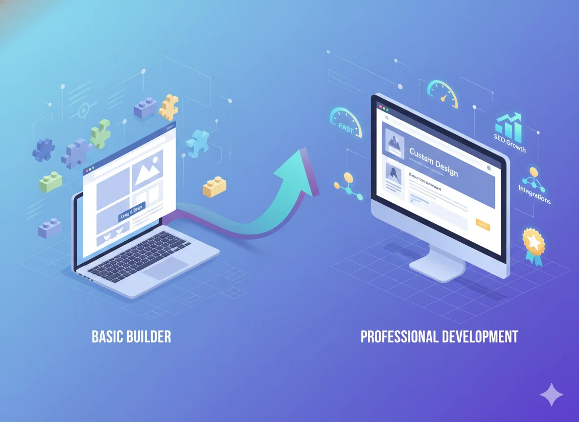 Comparison of basic website builder vs professional web development showing improved speed, SEO growth, and custom design.
