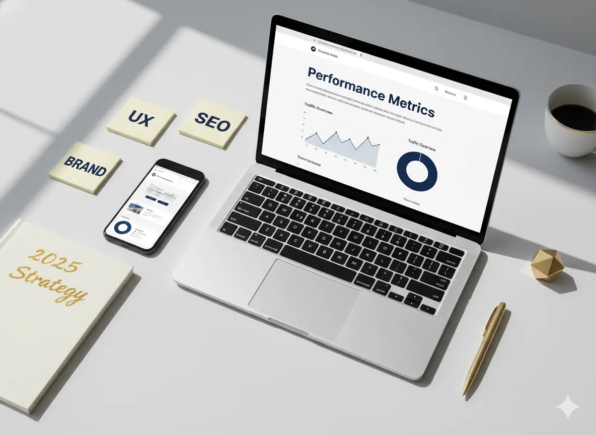 UX-first SEO strategy dashboard showing performance metrics, brand planning, and website growth for 2026.