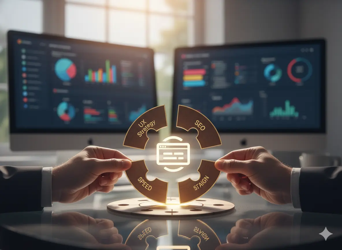 UX, SEO, speed, and design working together in a website strategy dashboard with performance analytics.