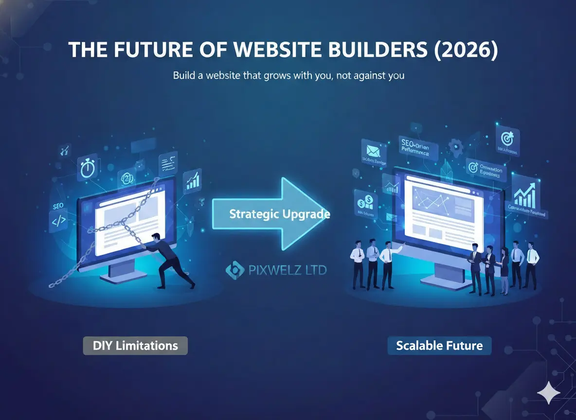 Future of website builders in 2026 showing transition from DIY limitations to scalable, SEO-driven platforms.