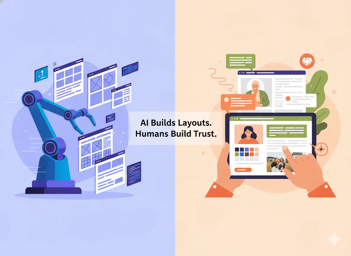 AI website builders automate layouts while human design builds trust and user experience.