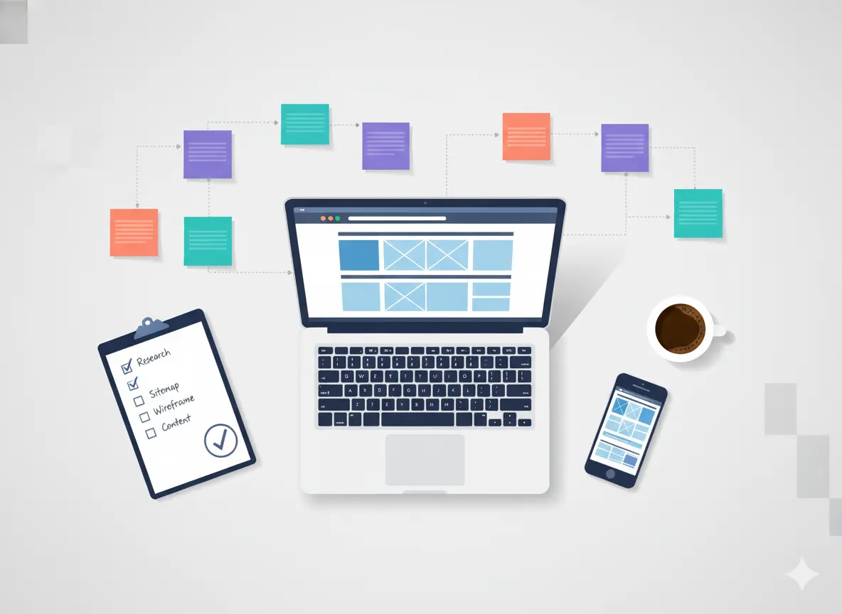 Website builder checklist showing planning, sitemap, wireframe, and content workflow for small businesses in 2026.
