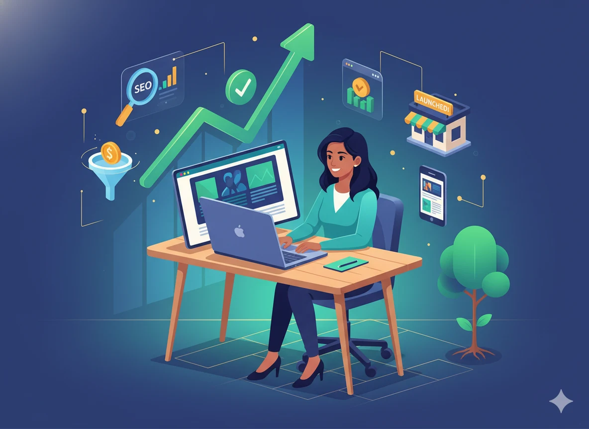 SEO and performance optimization stage showing website growth, search visibility, conversions, and successful business launch.