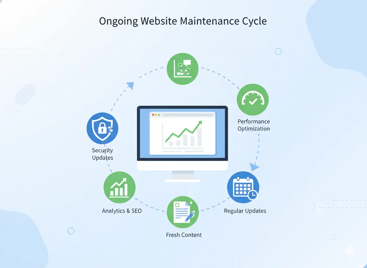 Ongoing website maintenance cycle showing security updates, SEO analytics, fresh content, regular updates, and performance optimization.