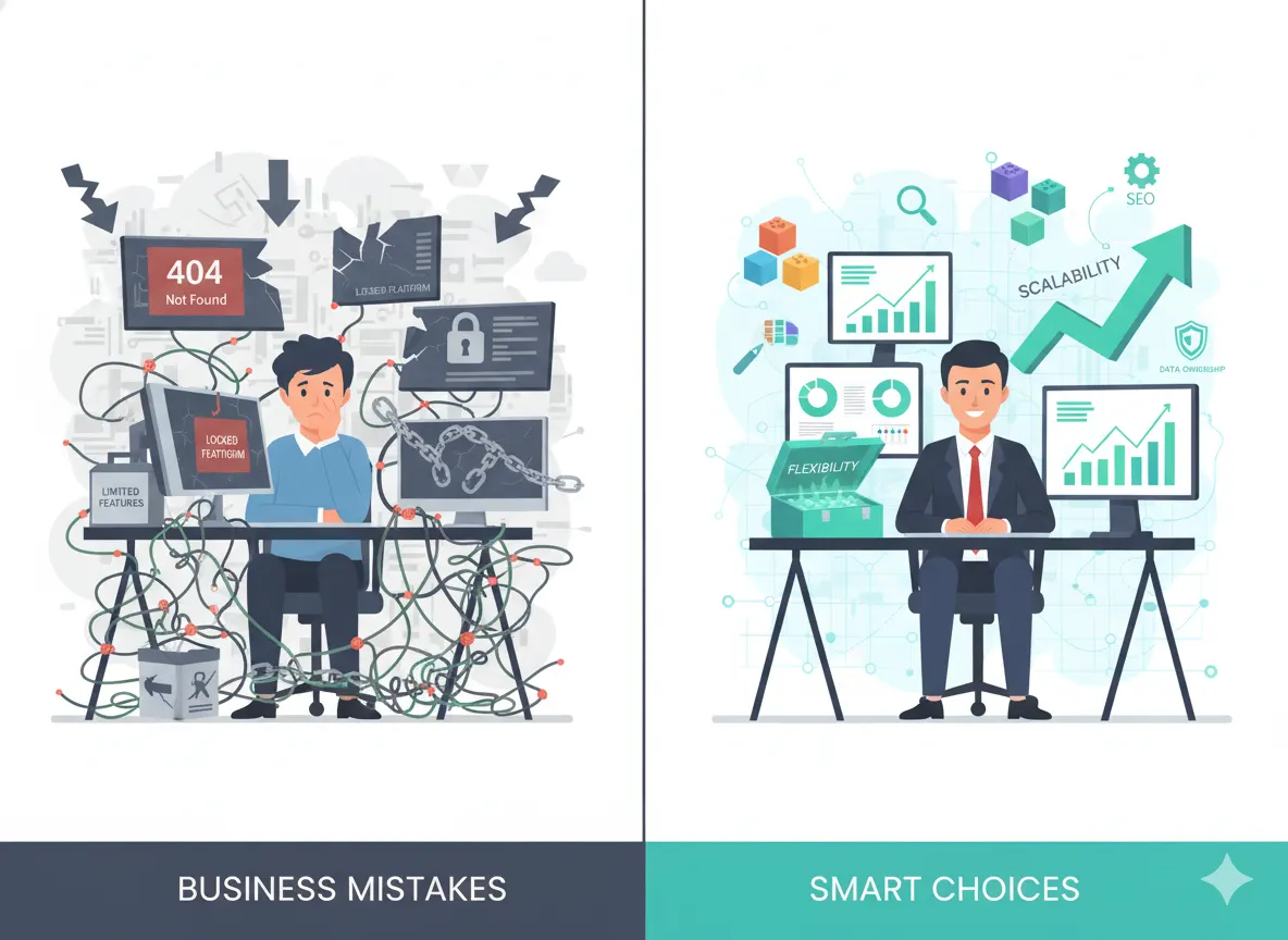 Business mistakes vs smart website builder choices showing DIY platform limitations compared to scalable WordPress and Shopify solutions.