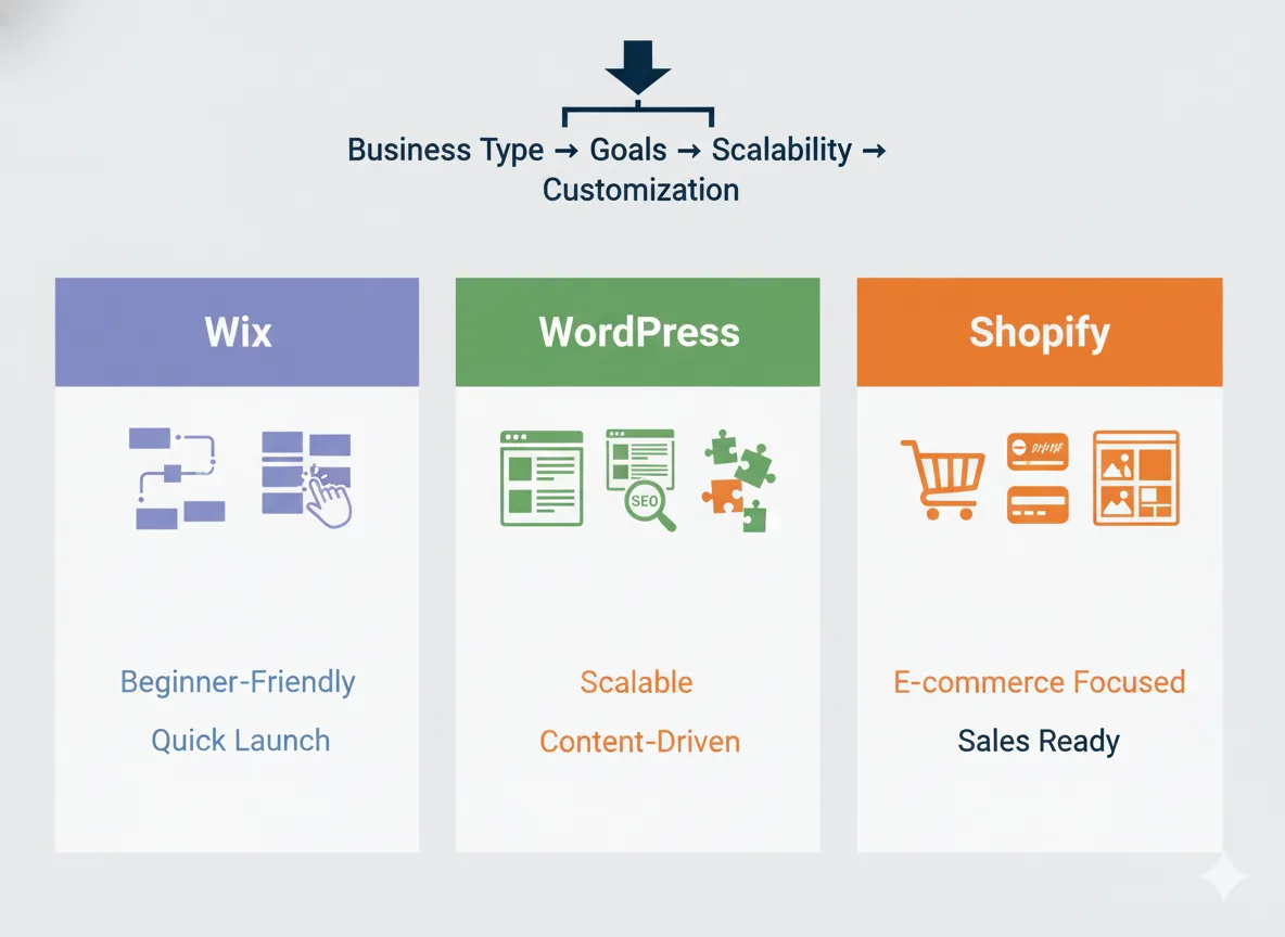 Choosing between Wix, WordPress, and Shopify based on business goals, scalability, and customization needs.