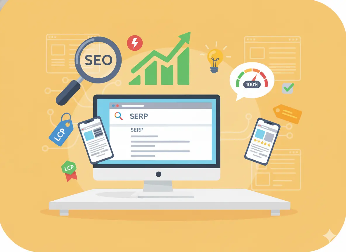 SEO and website performance illustration showing SERP results, Core Web Vitals, page speed, mobile optimization, and search rankings.
