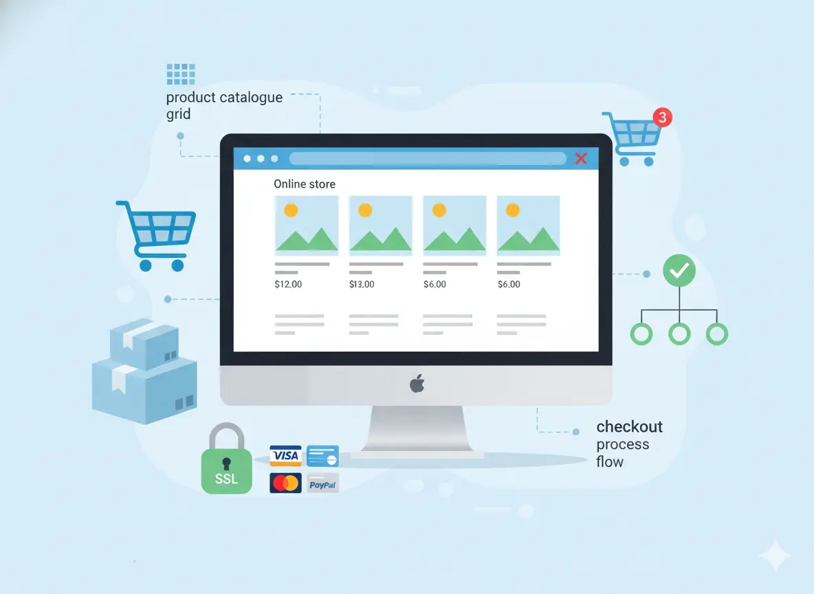 E-commerce website interface showing product catalog grid, shopping cart, checkout process flow, SSL security, and online payment methods.