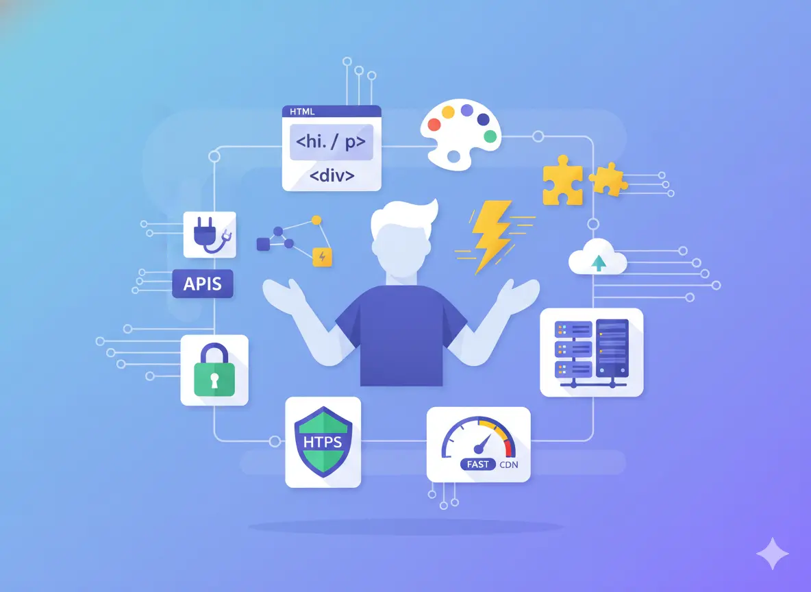 Advanced website builder technical concepts including HTML, APIs, HTTPS security, CDN performance, cloud hosting, and server infrastructure.