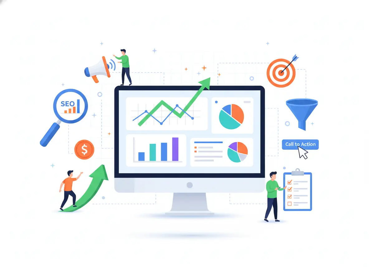 SEO search engine optimization dashboard showing traffic growth, keyword analysis, conversion funnels, and call-to-action optimization.