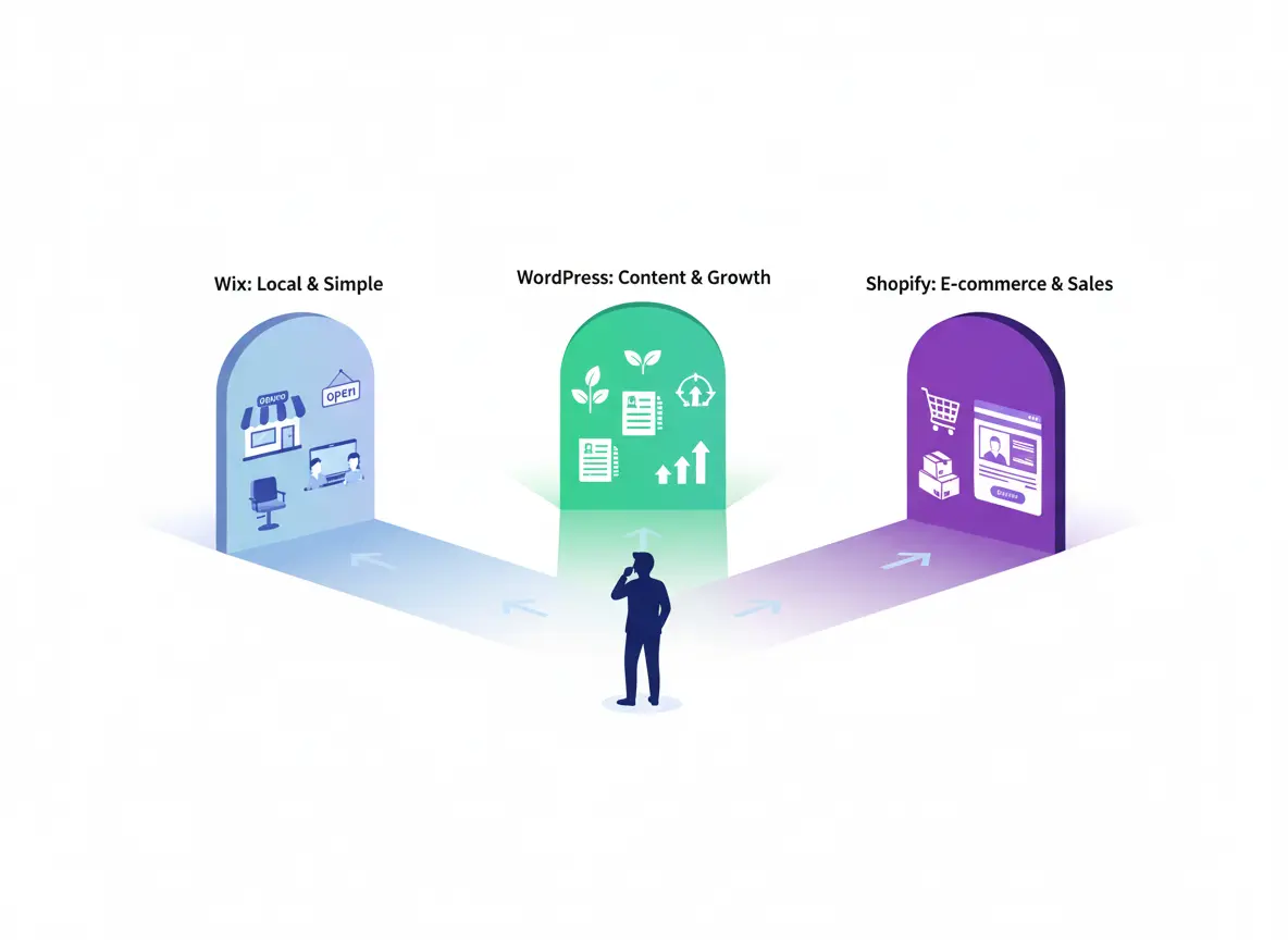 Which website builder is right for business showing Wix for local sites, WordPress for content growth, and Shopify for eCommerce sales.