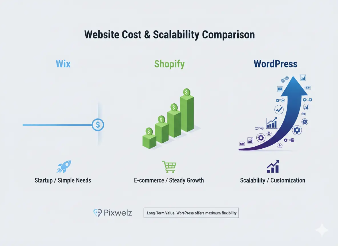 Website cost and scalability comparison between Wix, Shopify, and WordPress showing long-term flexibility advantages of WordPress.