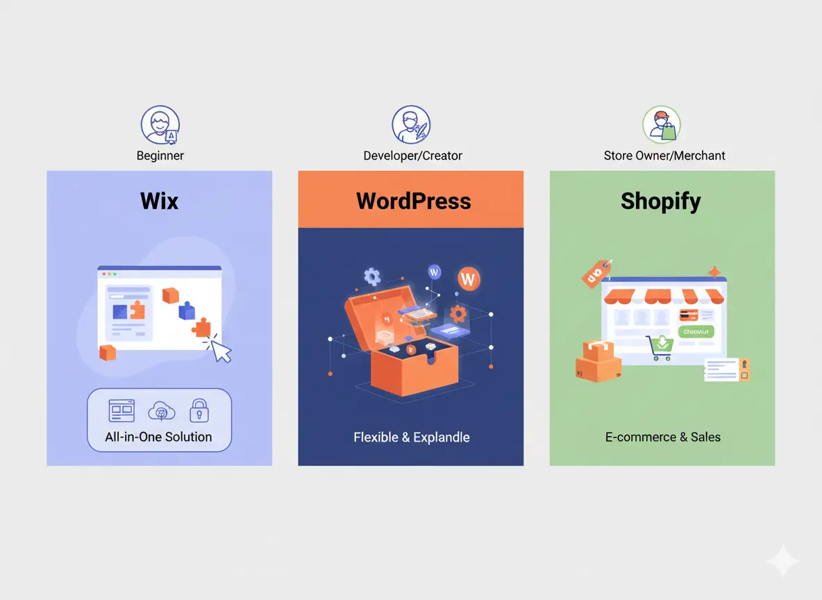 Ease of use and learning curve comparison of Wix for beginners, WordPress for developers, and Shopify for online store owners.
