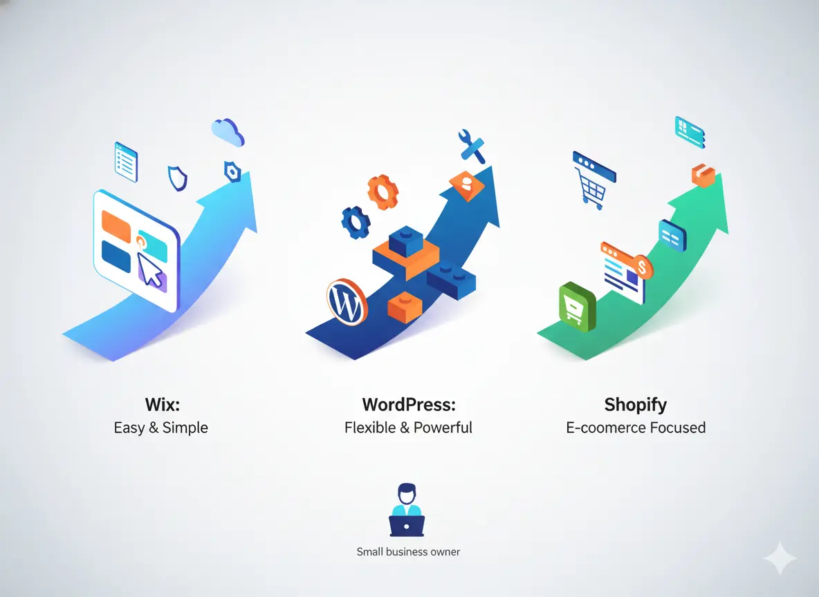 Illustration comparing Wix, WordPress, and Shopify design and user experience flexibility for small business websites.
