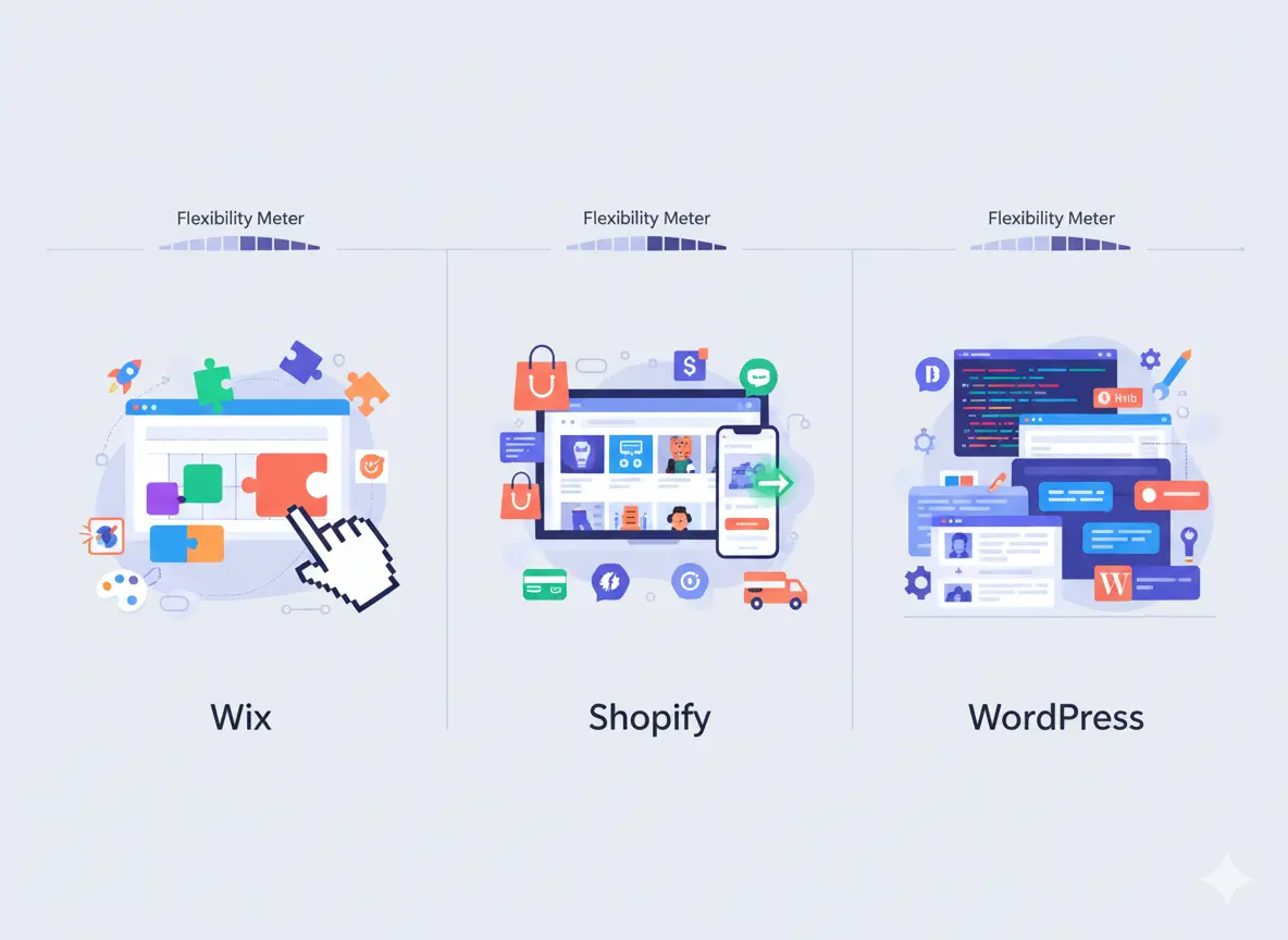 Comparison of Wix, Shopify, and WordPress flexibility levels showing website builder features for different business needs.